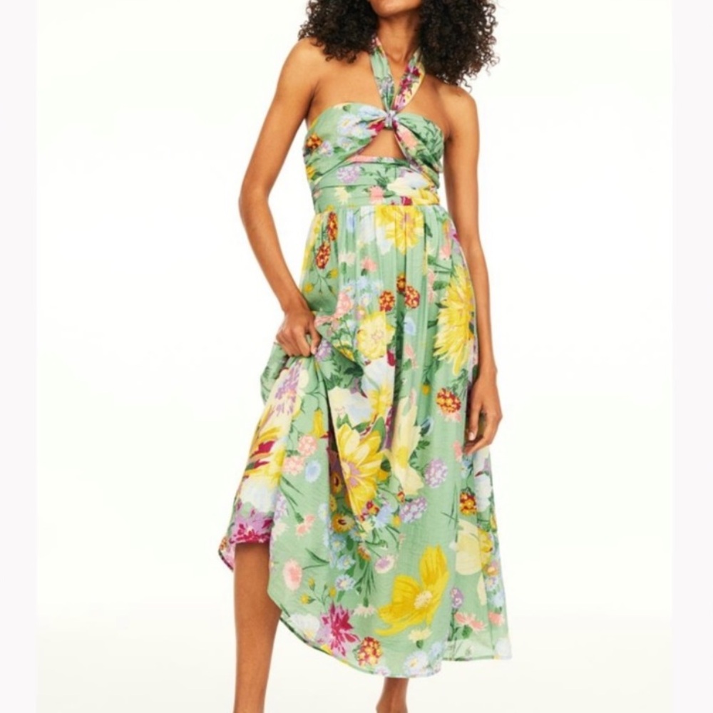 VGUC H&M Long Halterneck Midi Dress in Green Floral Print